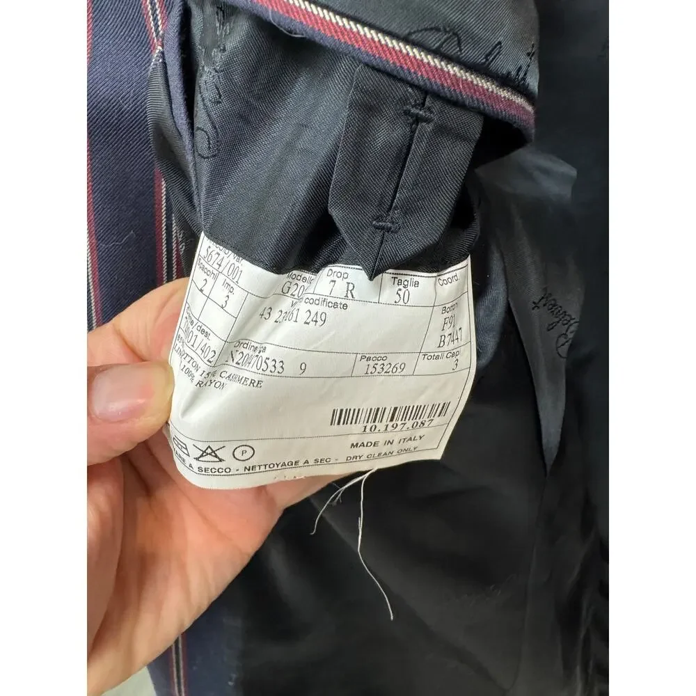 Belvest Cotton Cashmere Navy Red Stripe Sport Coat 50 Single Breasted Blazer 40